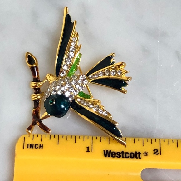 (NEW) Green Blue Brown Enamel Bird on Tree Branch Gold Brooch Pin Rhinestone - Picture 6 of 7